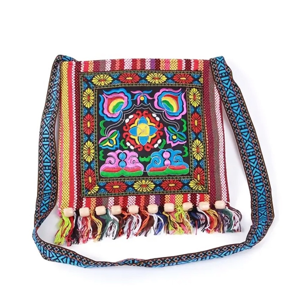 Red and Blue Embroidered Crossbody Bag with Tassels